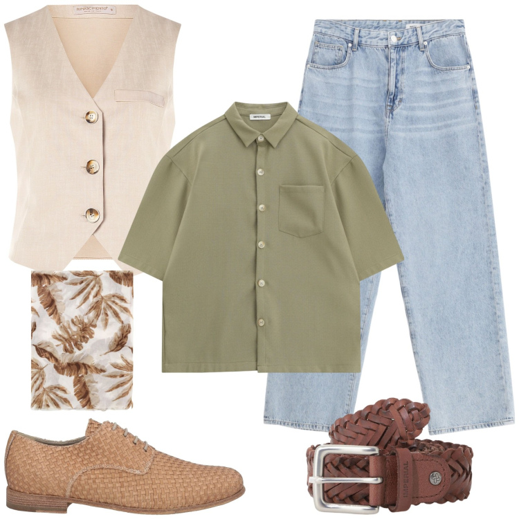 Outfit uomo - Gli accessori giusti. Stile Trendy per Tutti i giorni. Abbinamento con scarpe stringate, gilet, jeans, cinture, camicie a manica corta, sciarpe e foulard.