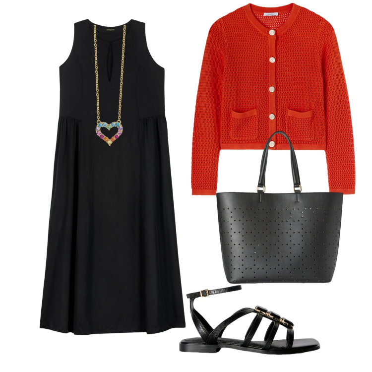Outfit donna - Una semplice uscita serale. per Serata fuori. Abbinamento con collane, vestiti lunghi, shopping bag, sandali gioiello, cardigans.