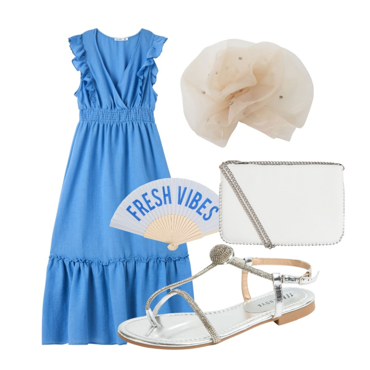 Outfit donna - Matrimonio in Spiaggia- Invitata. Stile Romantica per Cerimonia. Abbinamento con vestiti lunghi, borse a tracolla, accessori per capelli, ciabatte, foulard.