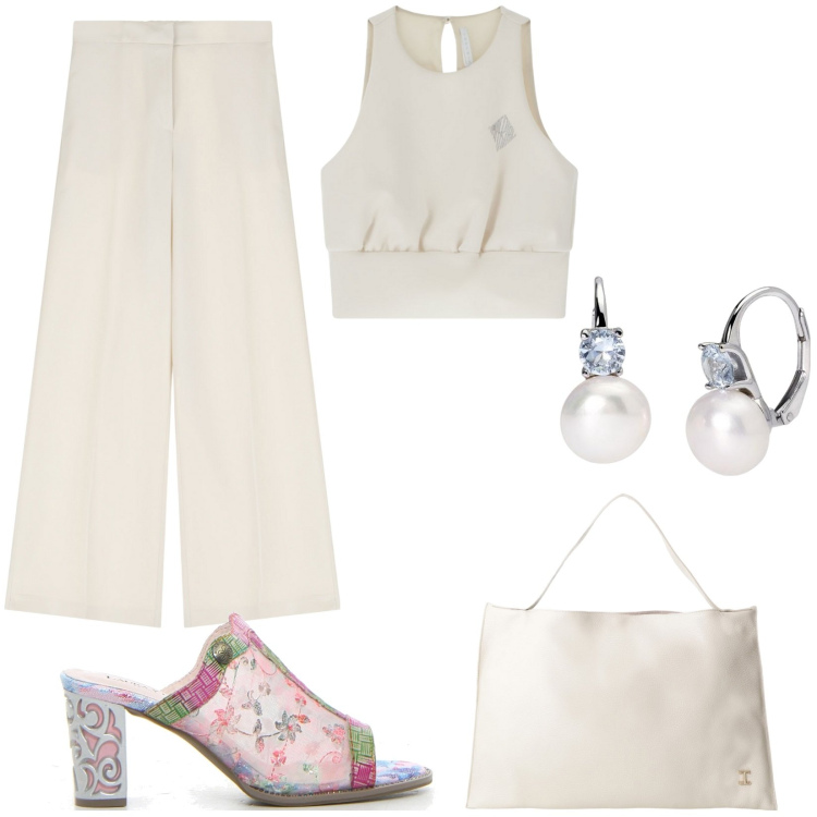 Outfit donna - Bianco assoluto. Stile Trendy per Serata fuori. Abbinamento con orecchini, top, borse a spalla, pantaloni, sabot.
