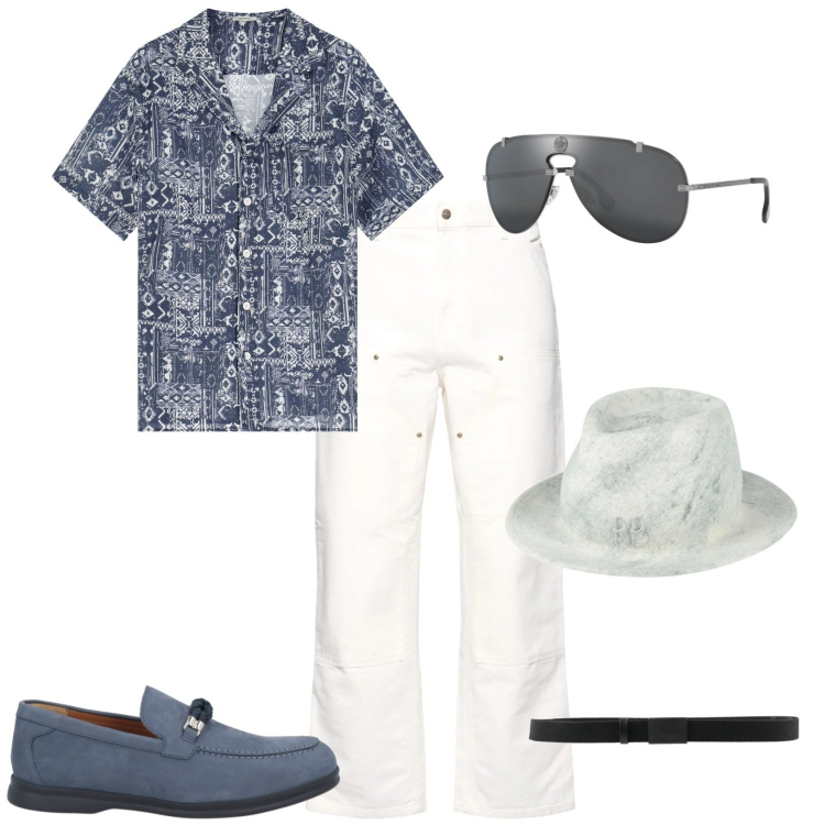 Outfit uomo - Total look #2170105. Stile Casual per Mare. Abbinamento con cappelli, scarpe stringate, occhiali da sole, cinture, camicie a manica corta, jeans.
