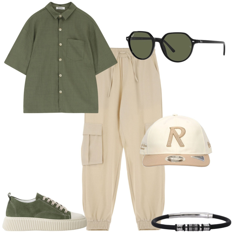 Outfit uomo - Total look #2170106. Stile Casual per Tutti i giorni. Abbinamento con occhiali da sole, braccialetti, pantaloni cargo, sneakers, camicie a manica corta, cappelli.
