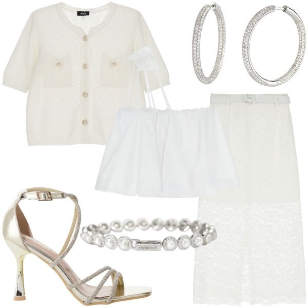 Outfit donna - Bianco assoluto a Maggio. Stile Glamour per Serata fuori. Abbinamento con braccialetti, orecchini, sandali col tacco, top, gonne longuette, cardigans.