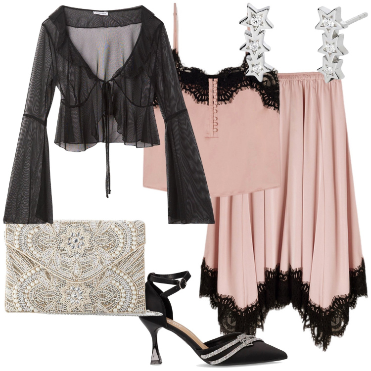 Outfit donna - E le stelle stanno a guardare. Stile Glamour per Serata fuori. Abbinamento con pochette, bolero, orecchini, décolleté, gonne, top.