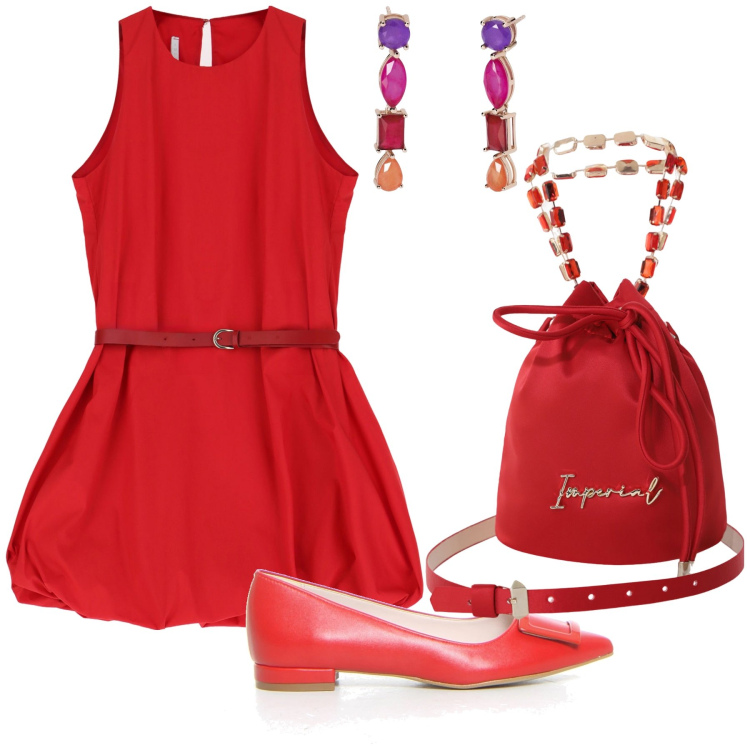 Outfit donna - Palloncino. Stile Glamour per Serata fuori. Abbinamento con orecchini, vestiti corti, borse a secchiello, ballerine.