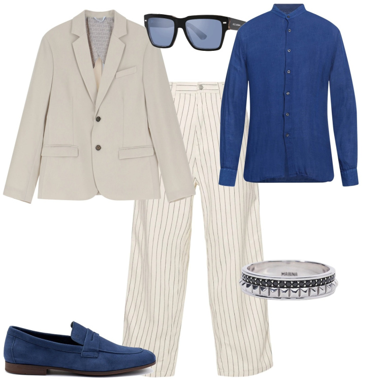 Outfit uomo - In vacanza con stile. Stile Business/Elegante per Mare. Abbinamento con camicie, occhiali da sole, anelli, giacche, jeans, scarpe stringate.