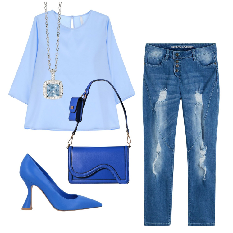 Outfit donna - Total look #2170157. Stile Basic per Tutti i giorni. Abbinamento con jeans boyfriend, décolleté, collane, pochette, bluse.