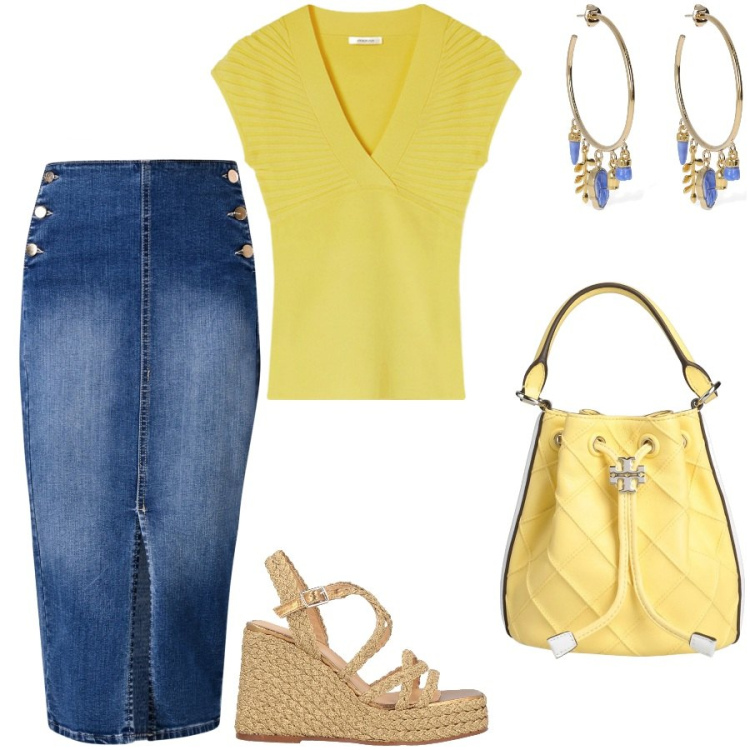Outfit donna - La longuette in denim. Stile Casual chic per Tutti i giorni. Abbinamento con espadrillas, borse a secchiello, gonne longuette, orecchini, t-shirt.