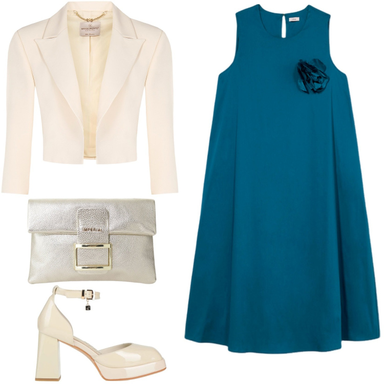 Outfit donna - Cerimonia di fine maggio. Stile Glamour per Cerimonia. Abbinamento con décolleté, pochette, bolero, vestiti midi/longuette.