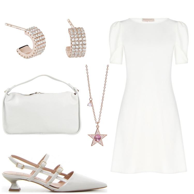 Outfit donna - Total White. Stile Glamour per Cerimonia. Abbinamento con borse a mano, vestiti, collane, orecchini, décolleté.
