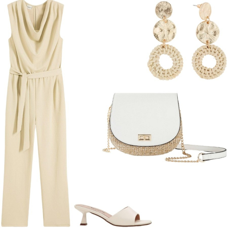 Outfit donna - Jumpsuite. Stile Chic per Serata fuori. Abbinamento con borse a tracolla, orecchini, ciabatte, tute.