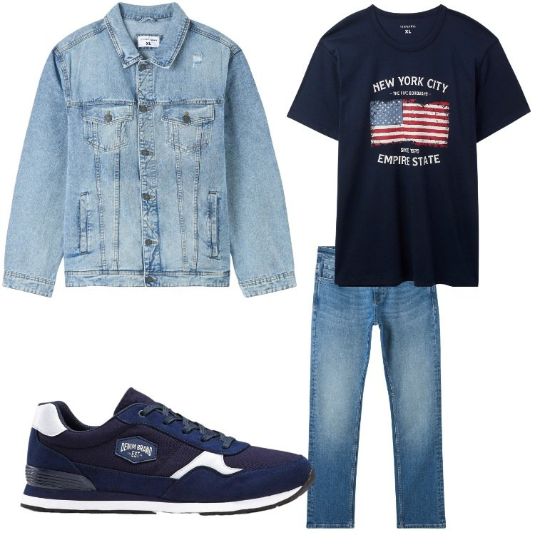 Outfit uomo - U.s.a.. Stile Casual per Tutti i giorni. Abbinamento con sneakers, giacche, jeans, t-shirt.