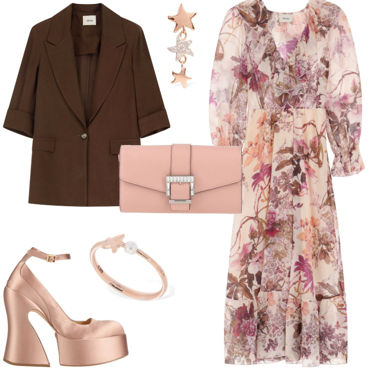 Outfit donna - Cerimonia evento speciale. Stile Romantica per Cerimonia. Abbinamento con borse a mano, décolleté, blazer, vestiti lunghi, orecchini, anelli.