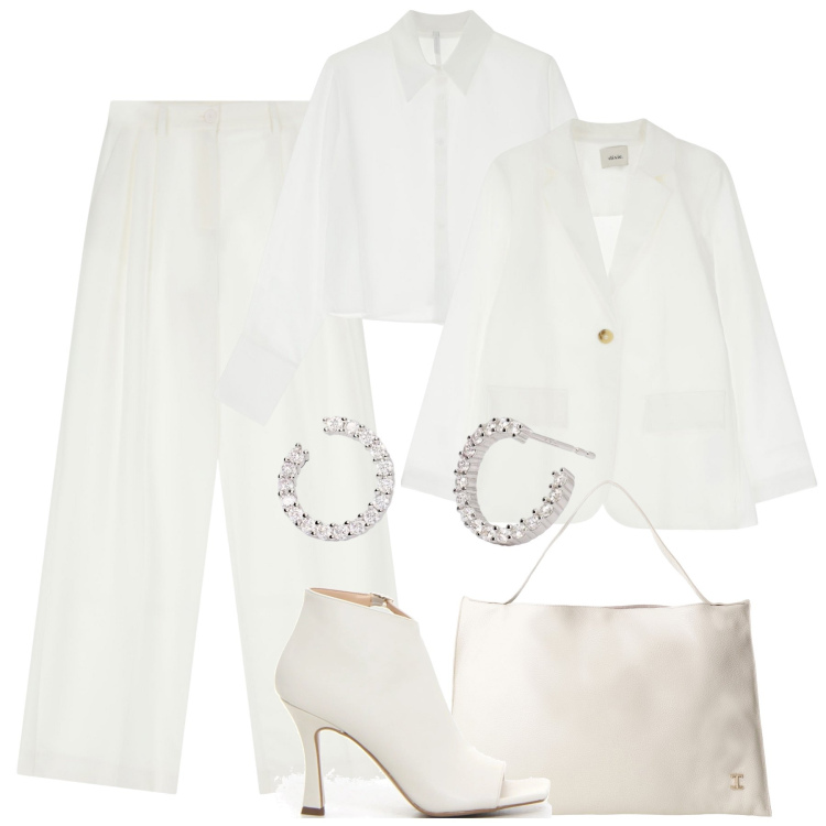 Outfit donna - Bianco candido. Stile Chic per Serata fuori. Abbinamento con orecchini, pantaloni, camicie, borse a spalla, blazer, sandali col tacco.