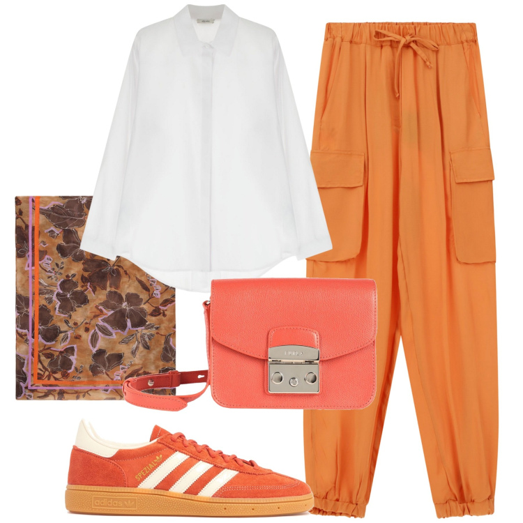 Outfit donna - Holiday. Stile Casual chic per Mare. Abbinamento con borse a tracolla, camicie, pantaloni cargo, sneakers, foulard.