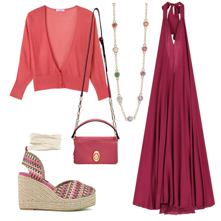 Outfit donna - I colori del tramonto. Stile Boho per Serata fuori. Abbinamento con collane, vestiti lunghi, zeppe, borse a tracolla, cardigans.