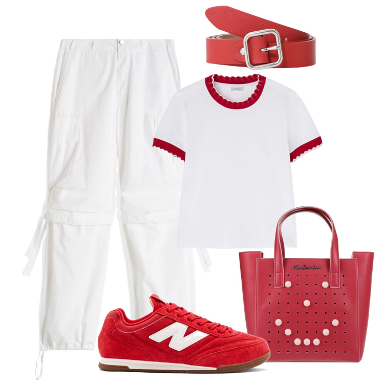 Outfit donna - Bianco e rosso con i cargo. Stile Casual per Tutti i giorni. Abbinamento con borse a mano, sneakers, pantaloni cargo, cinture, t-shirt.