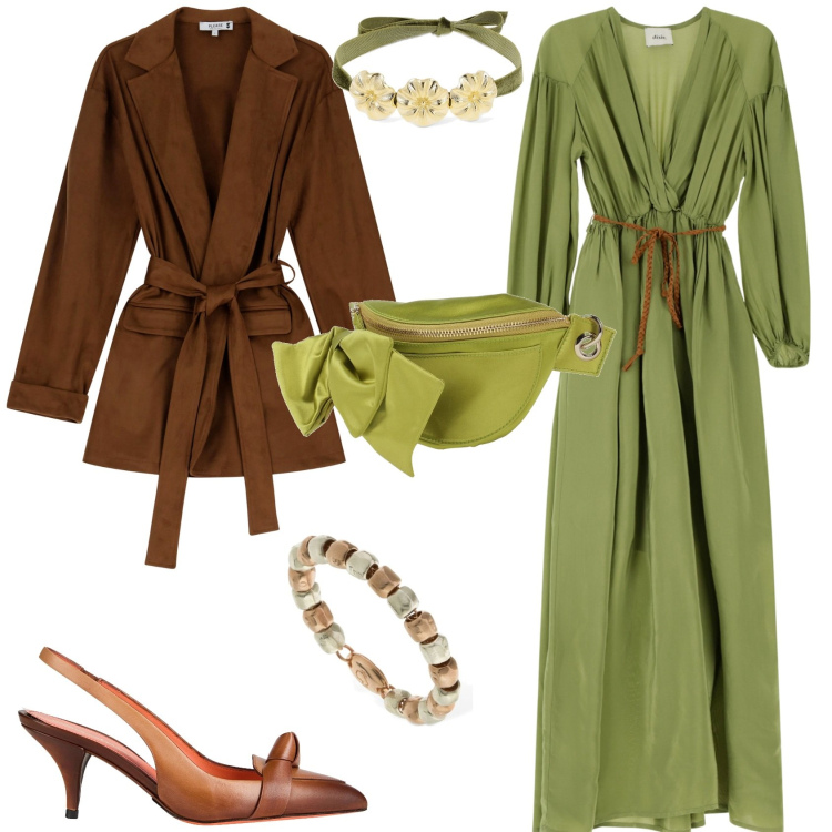 Outfit donna - Cerimonia evento serata speciale. Stile Etnico per Cerimonia. Abbinamento con marsupi, décolleté, blazer, vestiti lunghi, anelli, collane.