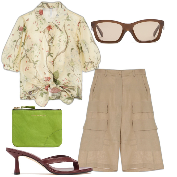 Outfit donna - Montecarlo. Stile Chic per Mare. Abbinamento con shorts, camicie a manica corta, occhiali da sole, ciabatte, portafogli.