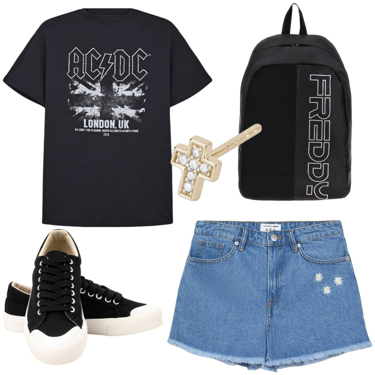 Outfit donna - concerto rock con il mio migliore amico. Stile Rock per Serata fuori. Abbinamento con shorts, t-shirt, orecchini, zaini, sneakers.