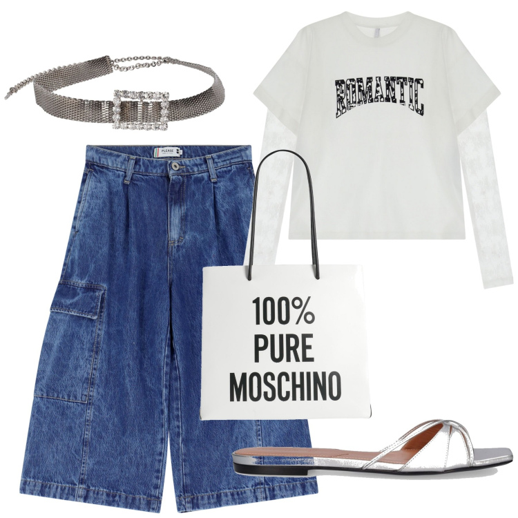 Outfit donna - 100% pure Moschino. Stile Casual chic per Mare. Abbinamento con borse a spalla, bermuda, t-shirt, pantofole, cinture.