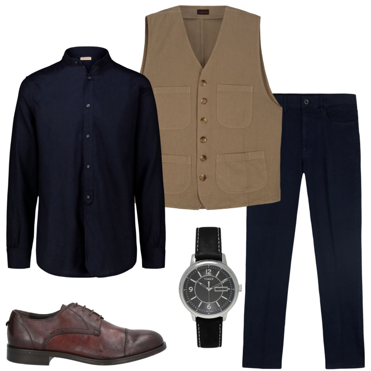 Outfit uomo - In città. Stile Urban per Ufficio. Abbinamento con orologi, scarpe stringate, camicie, gilet, pantaloni.