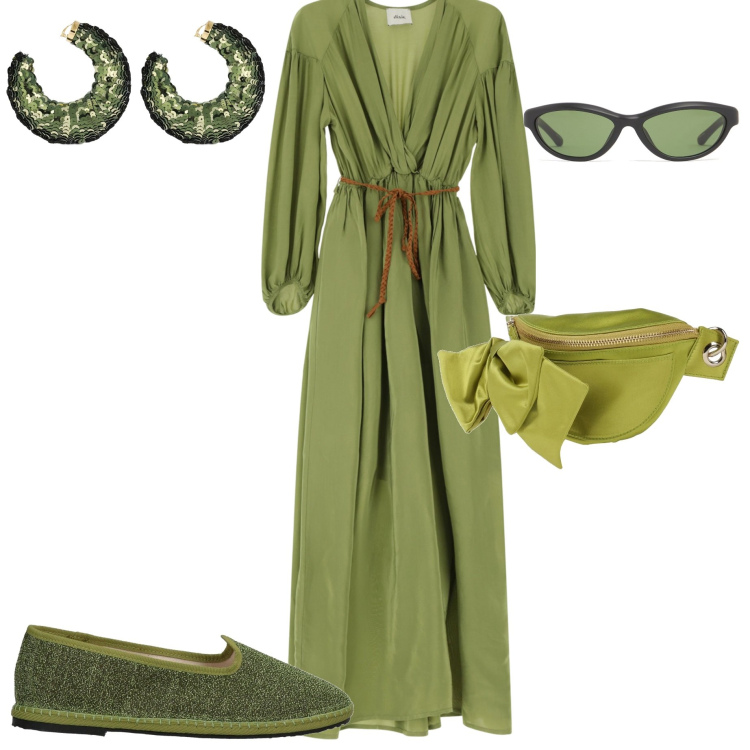 Outfit donna - Evergreen. Stile Chic per Serata fuori. Abbinamento con marsupi, mocassini, vestiti lunghi, orecchini, occhiali da sole.