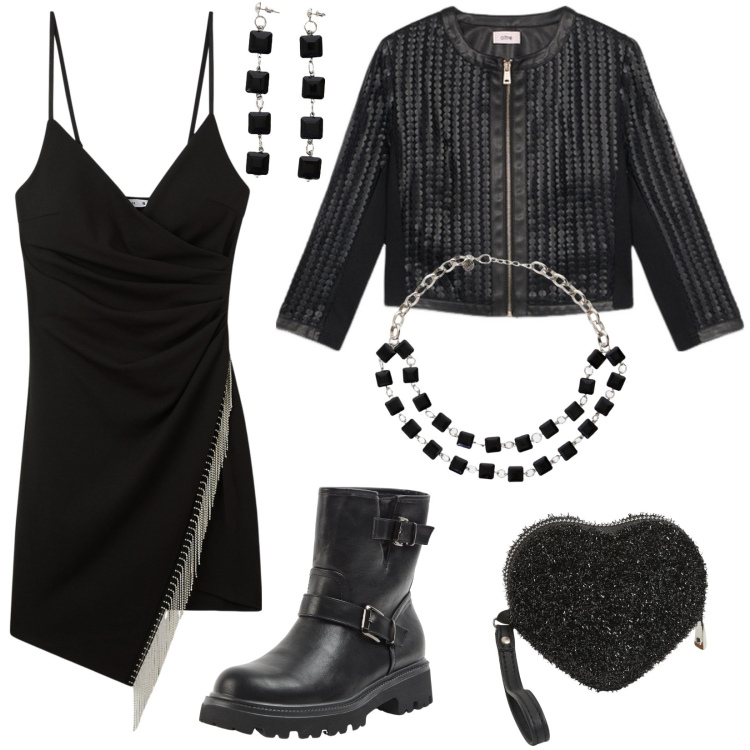 Outfit donna - Chic Rock. Stile Rock per Serata fuori. Abbinamento con portafogli, vestiti corti, stivaletti, orecchini, collane, giacche.