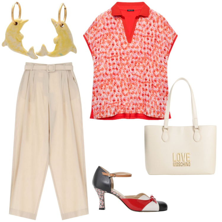 Outfit donna - A lavoro. per Ufficio. Abbinamento con orecchini, borse a mano, pantaloni, décolleté, bluse.