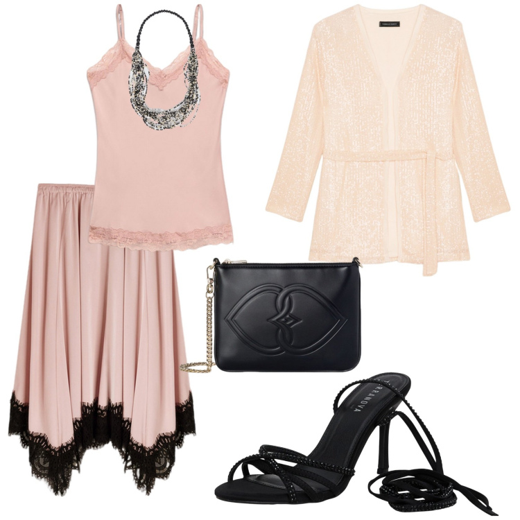 Outfit donna - Domenica sera. per Serata fuori. Abbinamento con sandali alla schiava, blazer, collane, top, pochette, gonne.