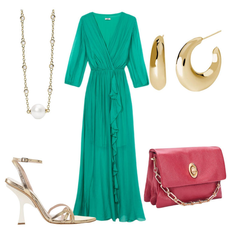 Outfit donna - Total look #2170315. Stile Chic per Serata fuori. Abbinamento con collane, orecchini, sandali col tacco, borse a tracolla, vestiti lunghi.