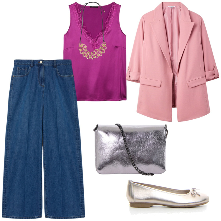 Outfit donna - Di giorno. per Tutti i giorni. Abbinamento con blazer, pochette, collane, top, ballerine, jeans.