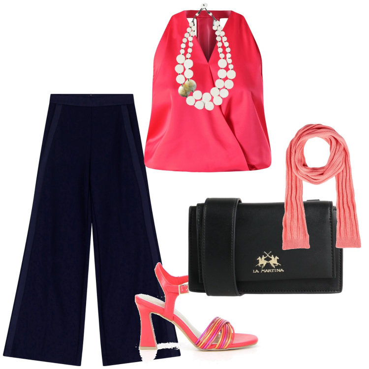 Outfit donna - Uscita. per Serata fuori. Abbinamento con sciarpe, borse a tracolla, top, pantaloni a palazzo, sandali col tacco, ciondoli.