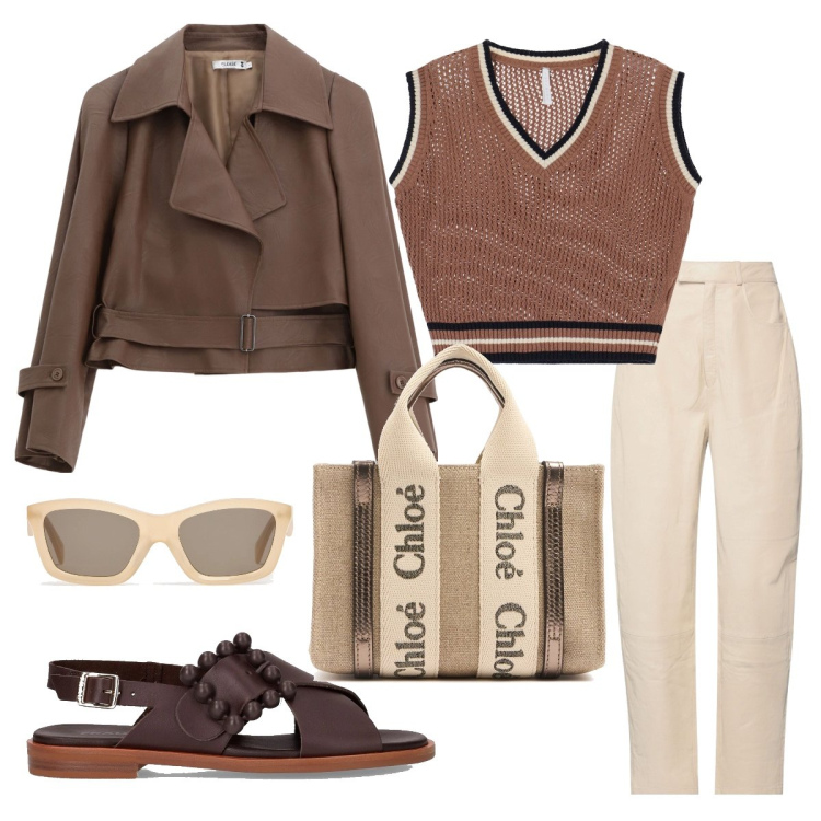 Outfit donna - Al club. Stile Bon Ton per Tutti i giorni. Abbinamento con pantaloni, blazer, maglieria, sandali, occhiali da sole, borse a mano.