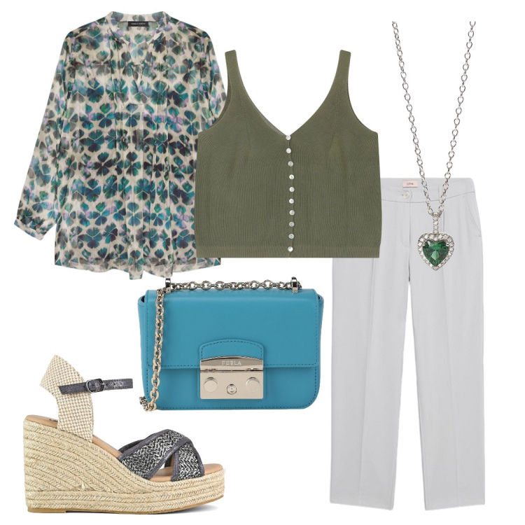 Outfit donna - La blusa fantasia. Stile Bon Ton per Tutti i giorni. Abbinamento con borse a spalla, ciondoli, top, bluse, zeppe, pantaloni.