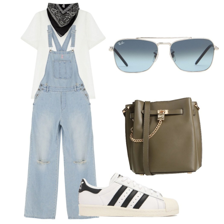 Outfit donna - Casual and trendy. Stile Trendy per Tutti i giorni. Abbinamento con borse a spalla, salopette, t-shirt, occhiali da sole, sneakers.