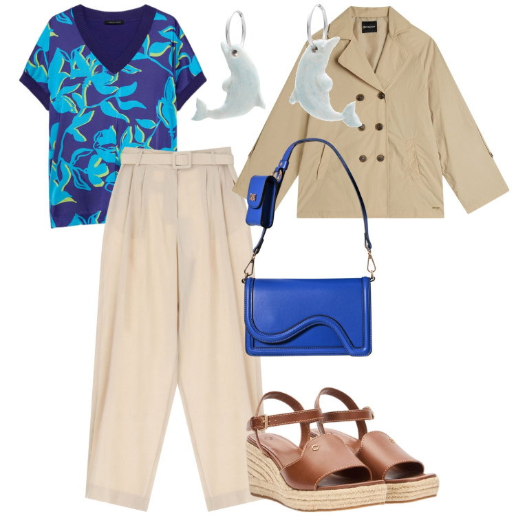 Outfit donna - Con amiche. per Tutti i giorni. Abbinamento con orecchini, pochette, pantaloni, trench, bluse, zeppe.