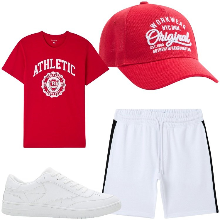 Outfit uomo - Vinco io. Stile Casual per Sport. Abbinamento con sneakers, cappelli, t-shirt, pantaloni corti.