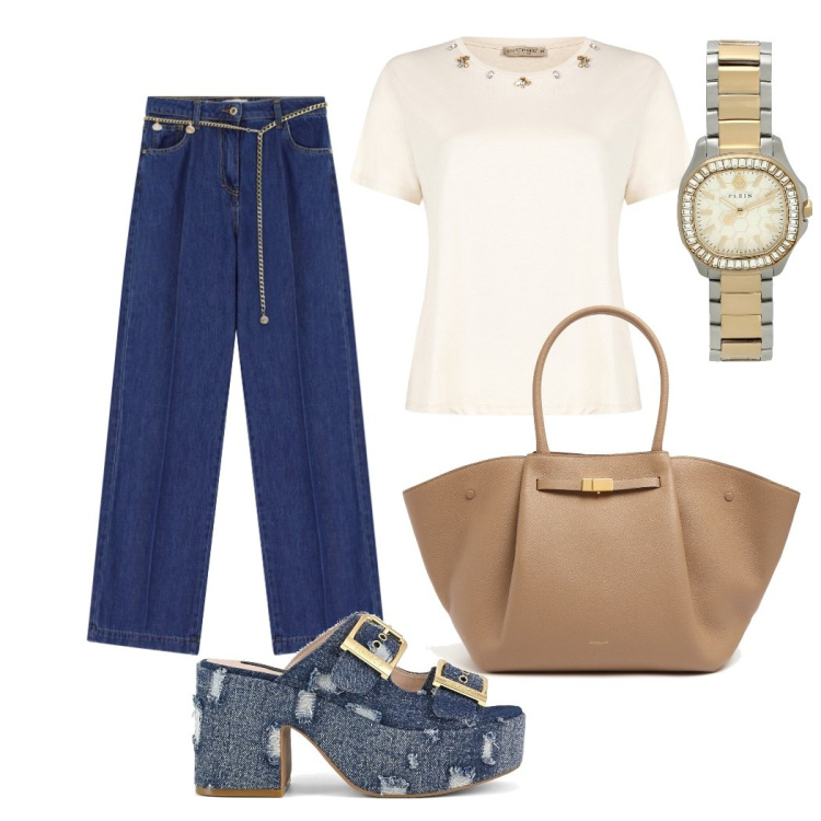 Outfit donna - Al lavoro. Stile Bon Ton per Ufficio. Abbinamento con orologi, t-shirt, jeans, sandali, shopping bag.