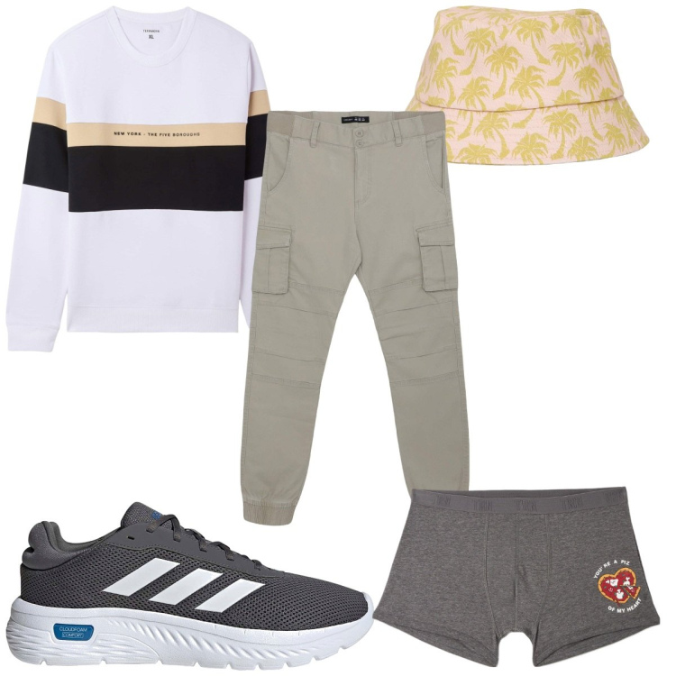 Outfit uomo - Total look #2170360. Stile Trendy per Tutti i giorni. Abbinamento con felpe con cappuccio, pantaloni cargo, cappelli con visiera, boxer, sneakers.