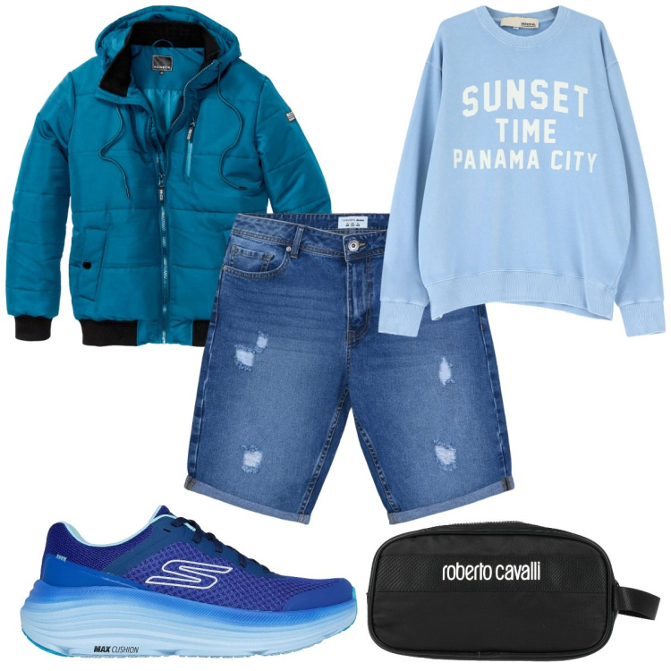 Outfit uomo - Total look #2170365. Stile Trendy per Tutti i giorni. Abbinamento con bomber, borse sportive, bermuda, felpe, sneakers.