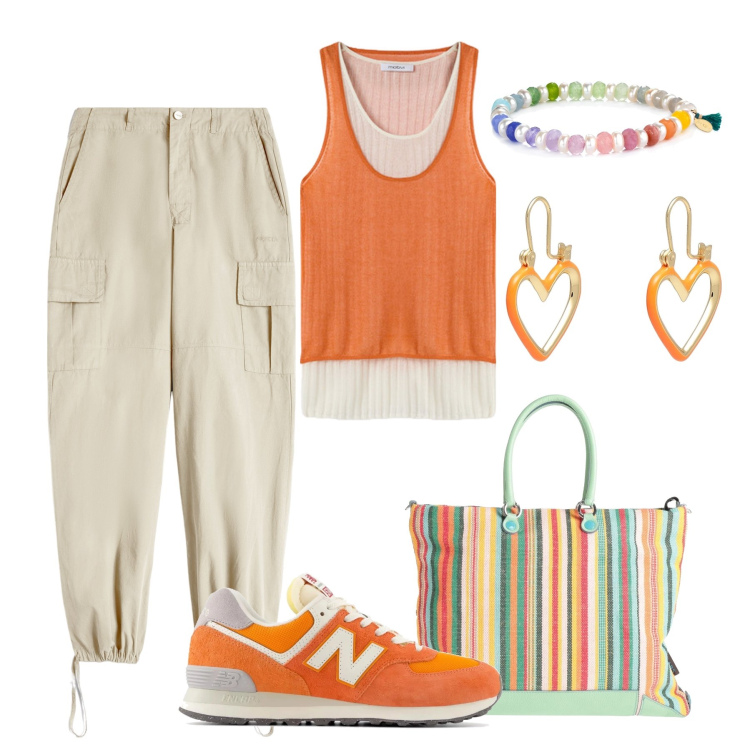 Outfit donna - Colorata d’estate. Stile Casual per Tutti i giorni. Abbinamento con borse a mano, orecchini, braccialetti, sneakers, pantaloni cargo, canottiere.