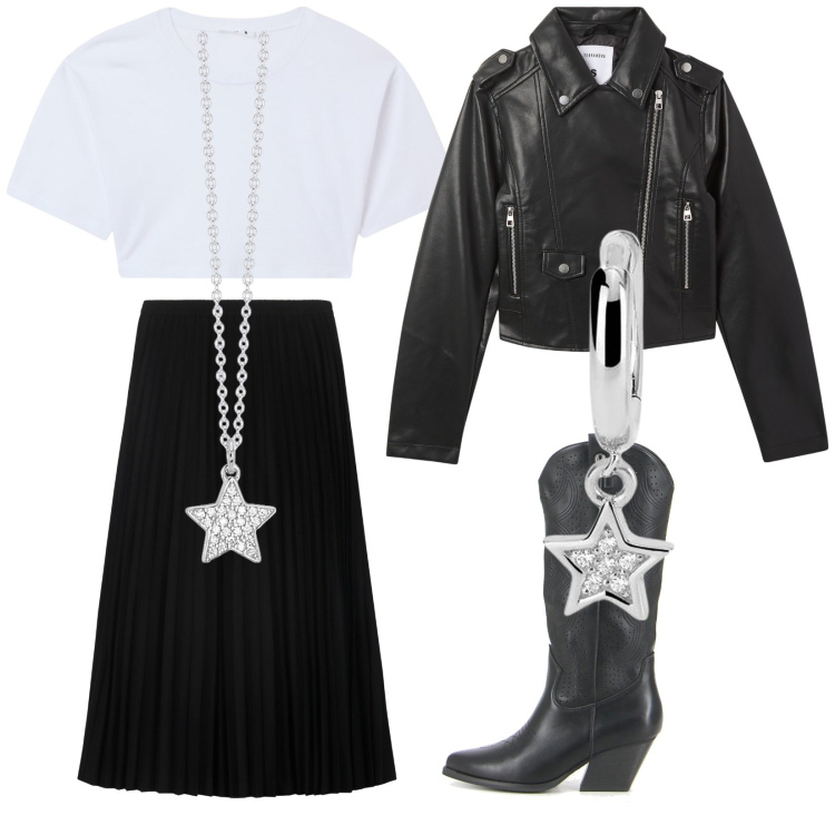 Outfit donna - Like a star. Stile Rock per Serata fuori. Abbinamento con t-shirt, giacche, collane, orecchini, gonne longuette, stivali.