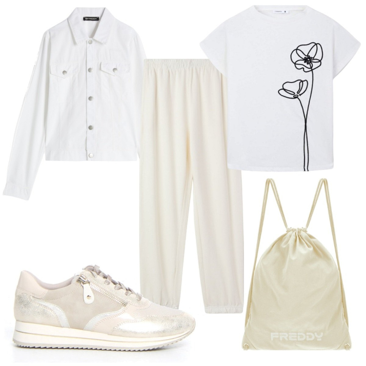Outfit donna - Bianco assoluto tutti i giorni. Stile Basic per Tutti i giorni. Abbinamento con t-shirt, pantaloni, zaini, blazer, sneakers.