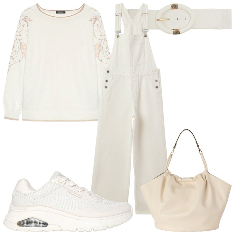 Outfit donna - Bianco è assolutamente trendy. Stile Trendy per Tutti i giorni. Abbinamento con cinture, salopette, maglieria, sneakers, borse a secchiello.