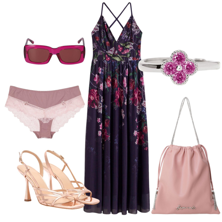 Outfit donna - Serata di maggio in riva al mare. Stile Glamour per Serata fuori. Abbinamento con vestiti lunghi, culotte, anelli, borse a secchiello, occhiali da sole, sandali col tacco.