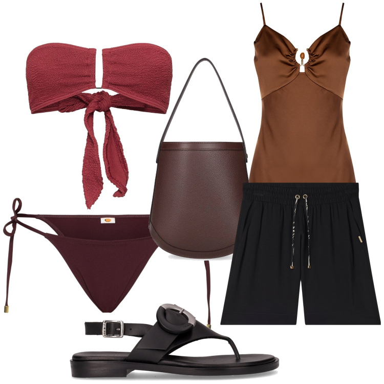 Outfit donna - Spiaggia in tono. Stile Glamour per Mare. Abbinamento con top, bermuda, borse a mano, bikini, bikini, ciabatte.