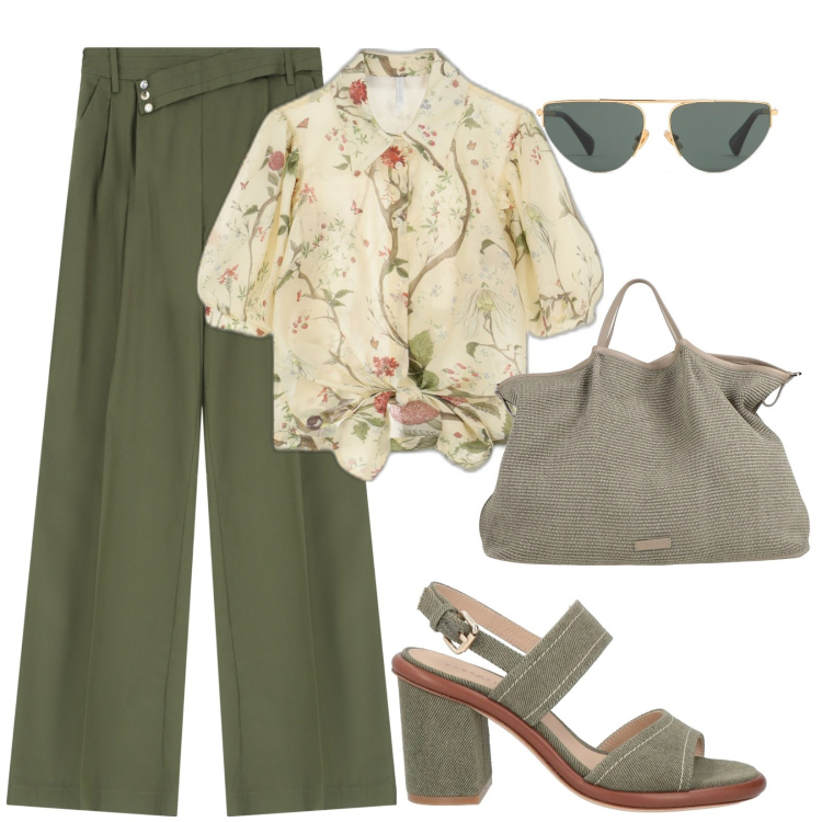 Outfit donna - Camicia con stampa atmosfera naturale. Stile Casual chic per Ufficio. Abbinamento con sandali in pelle, borse a mano, camicie a manica corta, pantaloni, occhiali da sole.