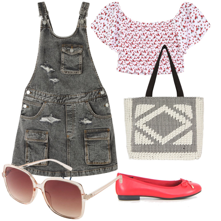 Outfit donna - Salopette used resa vezzosa. Stile Trendy per Tutti i giorni. Abbinamento con occhiali da sole, bluse, salopette, ballerine, shopping bag.