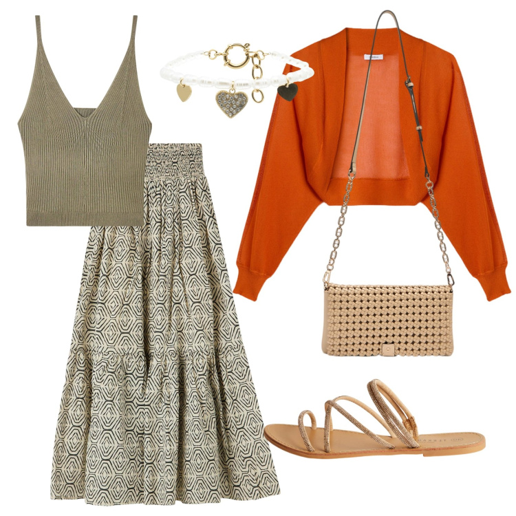 Outfit donna - Giornata di fine primavera. Stile Boho per Tutti i giorni. Abbinamento con gonne lunghe, sandali, top, braccialetti, clutch, bolero.